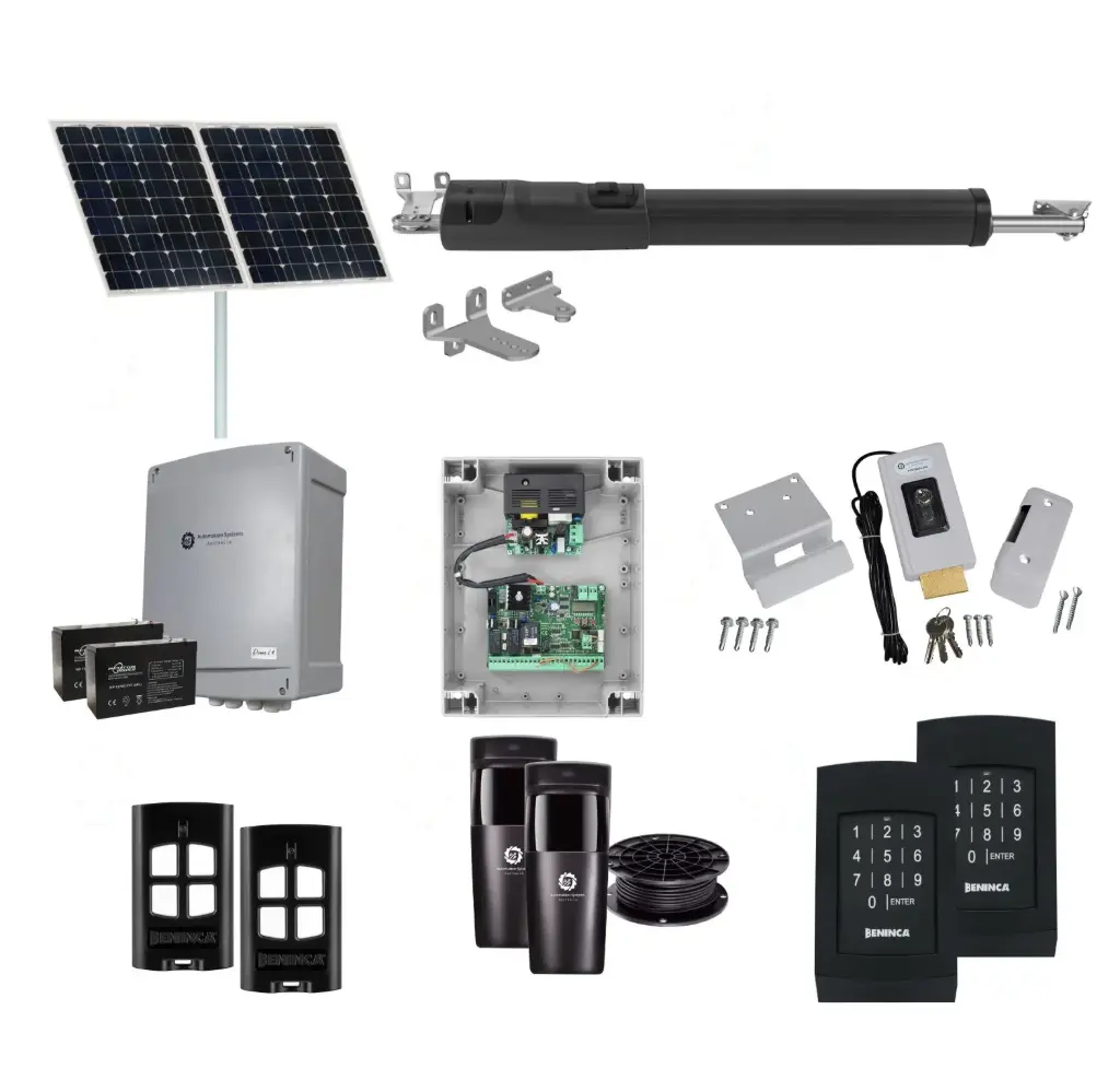 TOM 5 Telescopic Long Stroke ITALIAN Solar Powered Automatic Swing Driveway Gate Opener 24 Volt Kit ROBUST Heavy Duty Design with Keypad Entry Exit