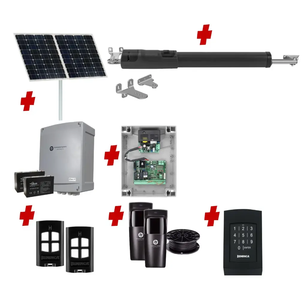 TOM 5 Telescopic Long Stroke ITALIAN Solar Powered Automatic Swing Driveway Gate Opener 24 Volt Kit ROBUST Heavy Duty Design with TWO Keypads Entry Exit