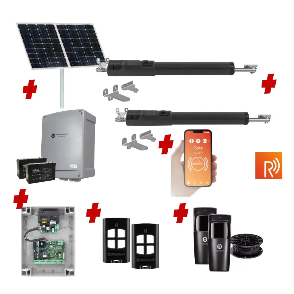 Remootio TOM 5 Telescopic Long Stroke ITALIAN Solar Powered Automatic Double Swing Driveway Gate Opener 24 Volt Kit ROBUST Heavy Duty Design