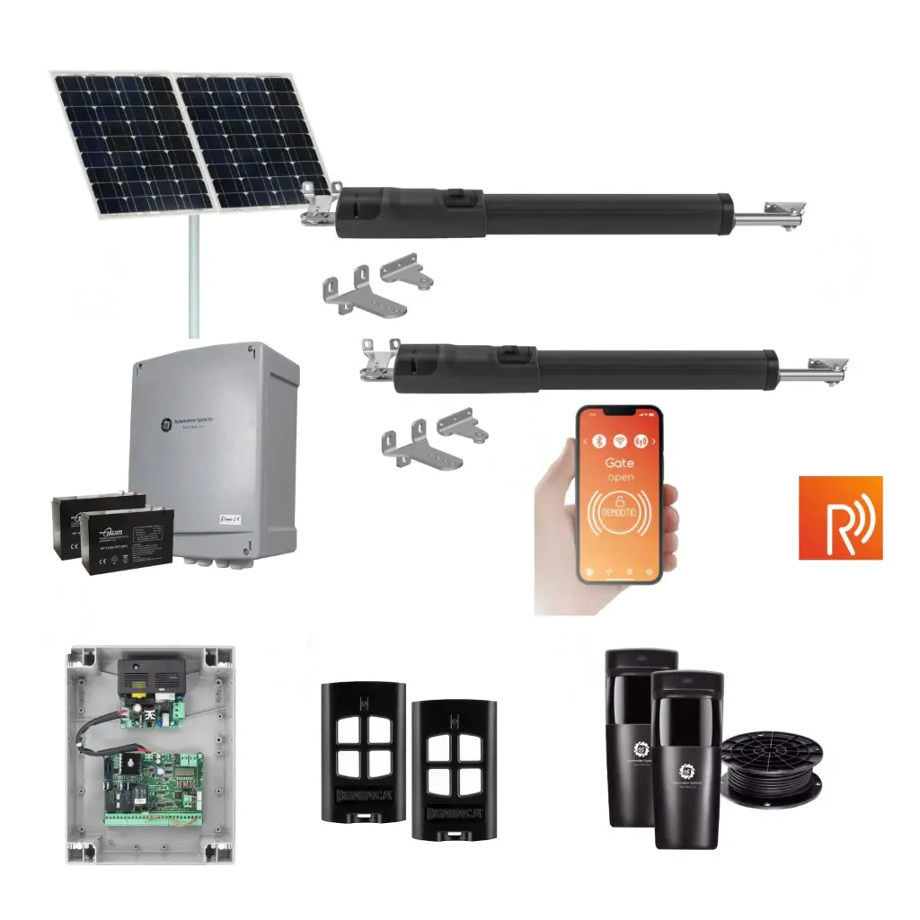 Remootio TOM 5 Telescopic Long Stroke ITALIAN Solar Powered Automatic Double Swing Driveway Gate Opener 24 Volt Kit ROBUST Heavy Duty Design