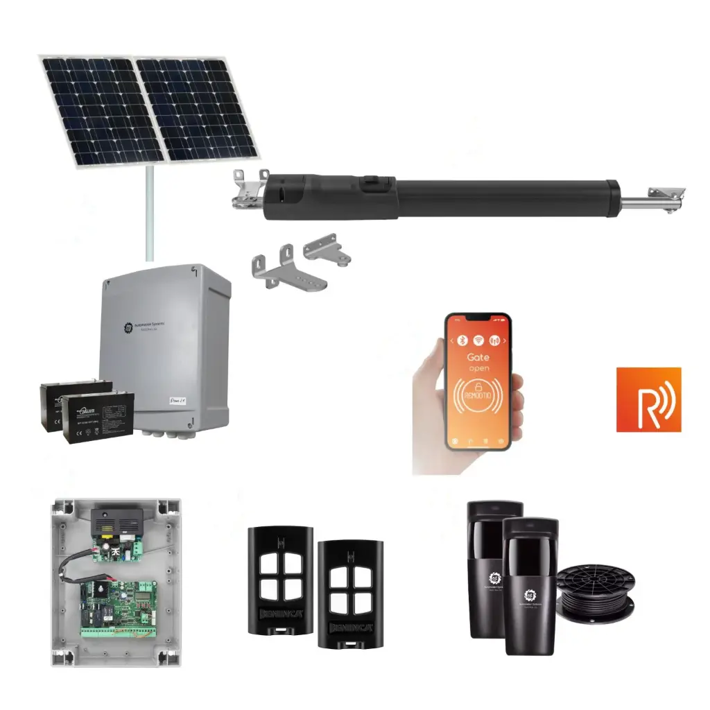 Remootio TOM 5 Telescopic Long Stroke ITALIAN Solar Powered Automatic Swing Driveway Gate Opener 24 Volt Kit ROBUST Heavy Duty Design