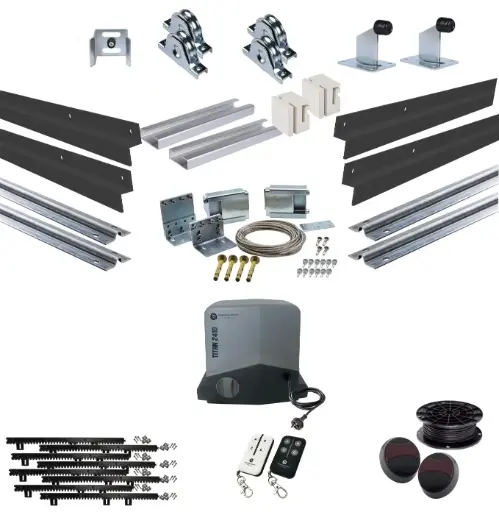[PICKUP-TELESCOPIC500+SGHK-CLAD+TITAN2410-P-I] Long Lengths Complete Automatic Telescopic Sliding Gate System (Master and Trailing Sliding Gates) With Hardware Kit and Titan Electric Sliding Gate Motor