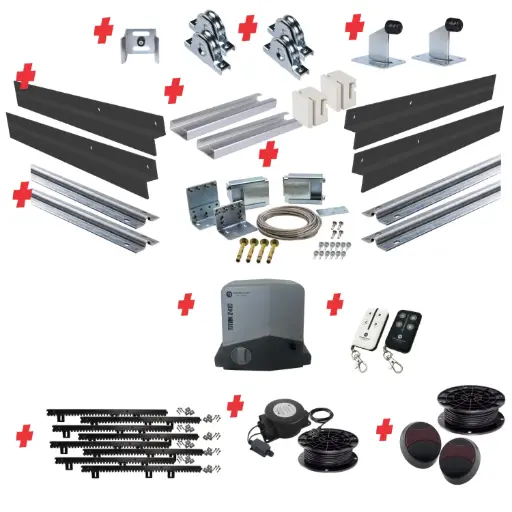 [PICKUP-TELESCOPIC500+SGHK-CLAD+TITAN2410-E-I] Long Lengths Complete Automatic Telescopic Sliding Gate System (Master and Trailing Sliding Gates) With Hardware Kit and Titan Low Voltage Sliding Gate Motor