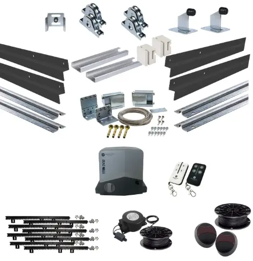 [PICKUP-TELESCOPIC500+SGHK-CLAD+TITAN2410-E-I] Long Lengths Complete Automatic Telescopic Sliding Gate System (Master and Trailing Sliding Gates) With Hardware Kit and Titan Low Voltage Sliding Gate Motor