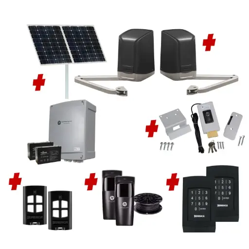 [SAM-2D-SOLAR-AP] SAM Articulating Arm ITALIAN Solar Powered Automatic Double Swing Driveway Gate Opener 24 Volt Kit Design with TWO Keypads Entry Exit