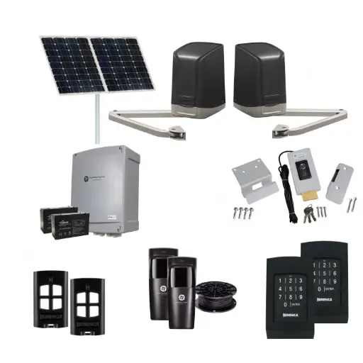 [SAM-2D-SOLAR-AP] SAM Articulating Arm ITALIAN Solar Powered Automatic Double Swing Driveway Gate Opener 24 Volt Kit Design with TWO Keypads Entry Exit