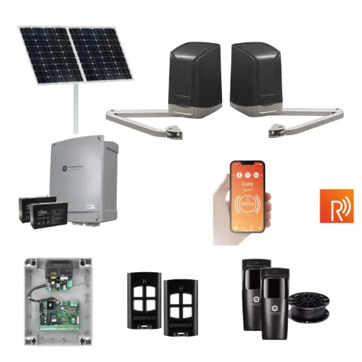 [SAM-2D-SOLAR-R] Remootio SAM Articulating Arm ITALIAN Solar Powered Automatic Double Swing Driveway Gate Opener 24 Volt Kit
