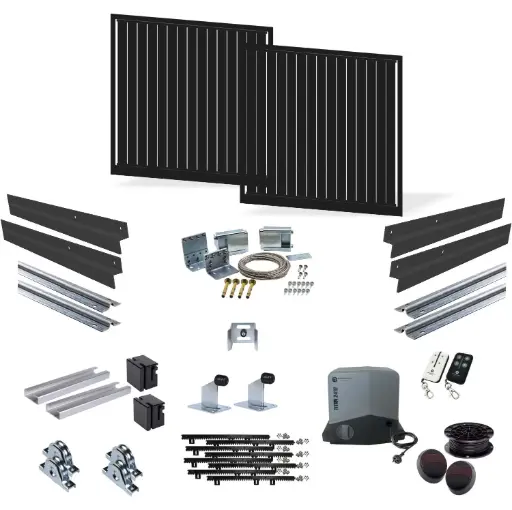 [FRAME18-2385 x2-VERT-ALUCLAD-TELESCOPIC-TITAN2410-P-I] 4m Opening (1800H) Vertical Slat Mains Powered Telescopic Sliding Gate Kit
