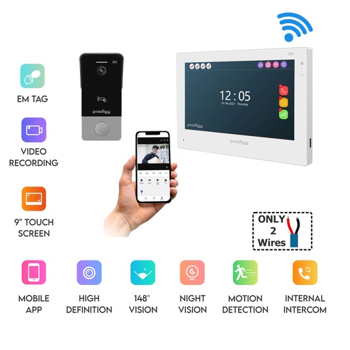 [IP2-DS-T+IP27IM] Smart Home Intercom Kit 2 Wire with WiFi and Mobile APP HD with Wide Angle RFID/EM Tag Outdoor Station and 7 Inch Touchscreen Indoor Monitor