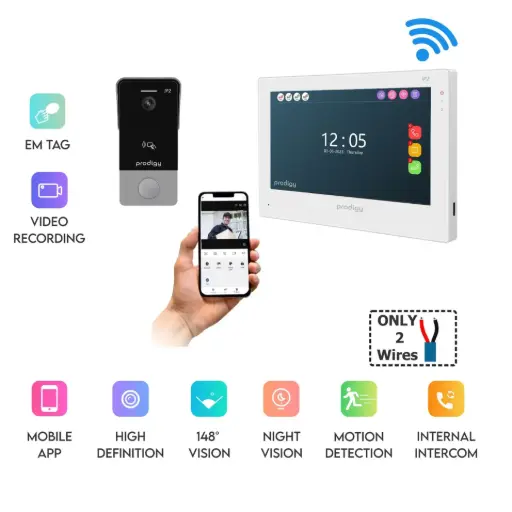 [IP2-DS-T+IP27IM] Smart Home Intercom Kit 2 Wire with WiFi and Mobile APP HD with Wide Angle RFID/EM Tag Outdoor Station and 7 Inch Touchscreen Indoor Monitor
