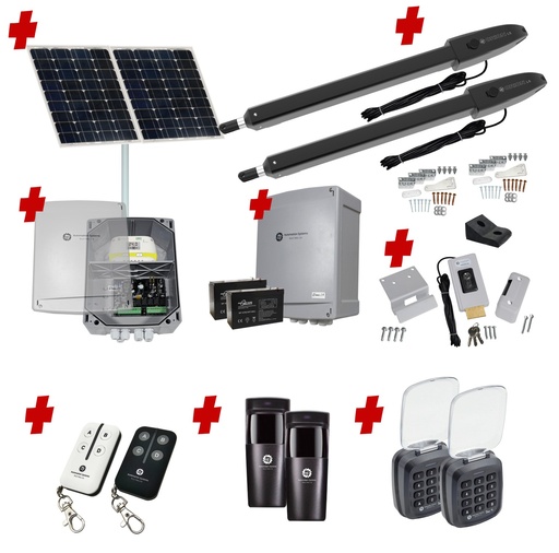 [Orion-LS-2D-SOLAR-AP] Orion LS Solar Powered Automatic Double Swing Driveway Gate Opener 24 Volt Kit ROBUST Slimline Compact Design with TWO Keypads Entry Exit