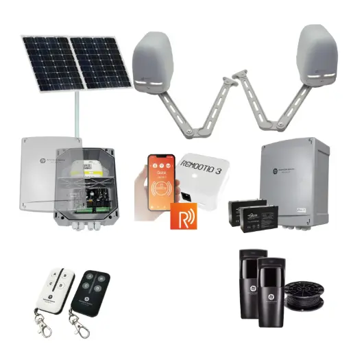 [APACHE-2D-SOLAR-R] Remootio Apache ARTICULATING Italian Solar Powered Automatic Double Swing Driveway Gate Opener 24 Volt Kit ROBUST Heavy Duty Design