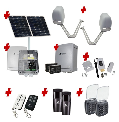 [APACHE-2D-SOLAR-AP] Apache ARTICULATING Italian Solar Powered Automatic Double Swing Driveway Gate Opener 24 Volt Kit ROBUST Heavy Duty Design with TWO Keypads Entry Exit