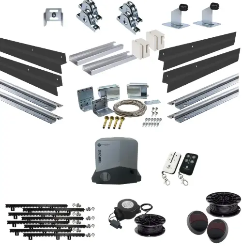 [TELESCOPIC500+SGHK-CLAD+TITAN2410-E-I] Complete Automatic Telescopic Sliding Gate System (Master and Trailing Sliding Gates) With Hardware Kit and Titan Low Voltage Sliding Gate Motor