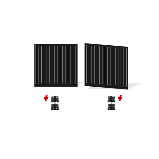 [FRAME18-1485-VERT-ALUCLAD x2+HINGES] 3000mm Double Swing Driveway Gates Opening (1800mm H) 3.0mx1.8m Vertical Slat Gate + Hinges (Satin Black Powder Coat) 