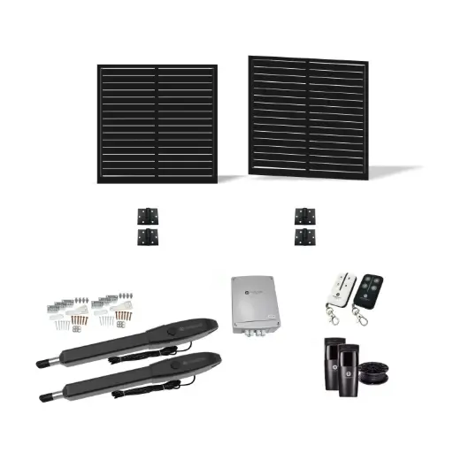 [FRAME12-1485-ALUCLAD x2+HINGES+Orion-LS] 3000mm Double Swing Driveway Gates Opening (1200mm H) 3.0×1.2m Horizontal Slat Gate + Hinges (Satin Black Powder Coat)with Double Swing automatic gate motor 