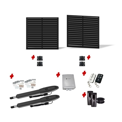 [FRAME12-1785-ALUCLAD x2+HINGES+Orion-LS] 3600mm Double Swing Driveway Gates Opening (1200mm H) 3.6×1.2m Horizontal Slat Gate + Hinges (Satin Black Powder Coat) with Double Swing automatic gate motor