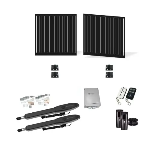 [FRAME12-2385-VERT-ALUCLAD x2+HINGES+Orion-LS] 4800mm Double Swing Driveway Gates Opening (1200mm H) 4.8×1.2m Vertical Slat Gate + Hinges (Satin Black Powder Coat) with Double Swing automatic gate motor