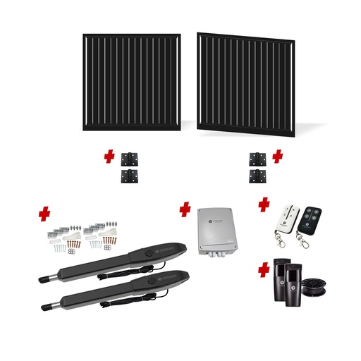 [FRAME18-2385-VERT-ALUCLAD x2+HINGES+Orion-LS] 4800mm Double Swing Driveway Gates Opening (1800mm H) 4.8×1.8m Vertical Slat Gate + Hinges (Satin Black Powder Coat) with Double Swing automatic gate motor