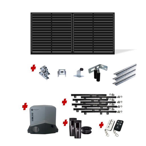 [FRAME15-3570-ALUCLAD x1+SLIDEHW+Titan2410] Up to 3200mm / 3.2m Opening (1500mm H) 3.6×1.5m Horizontal Slat Sliding Driveway Gate Package (Satin Black Powder Coat) with extra heavy duty 24v sliding gate motor