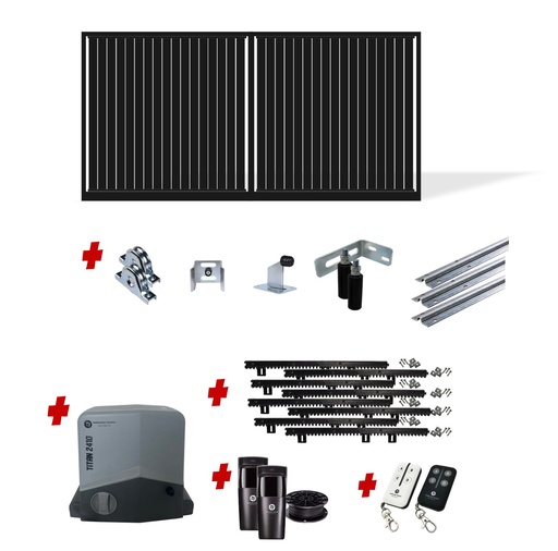 [FRAME18-3570-VERT-ALUCLAD x1+SLIDEHW+Titan2410] Up to 3200mm / 3.2m Opening (1800mm H) 3.6×1.8m Vertical Slat Sliding Driveway Gate Package (Satin Black Powder Coat) with extra heavy duty 24v sliding gate motor