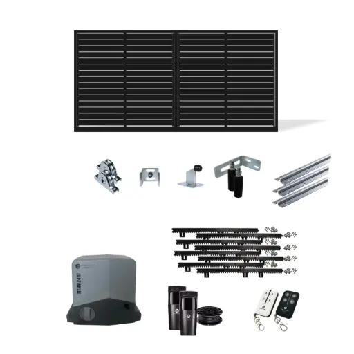 [FRAME12-4170-ALUCLAD x1+SLIDEHW+Titan2410] Up to 3600mm / 3.6m Opening (1200mm H) 4.17×1.2m Horizontal Slat Sliding Driveway Gate Package (Satin Black Powder Coat) with extra heavy duty 24v sliding gate motor