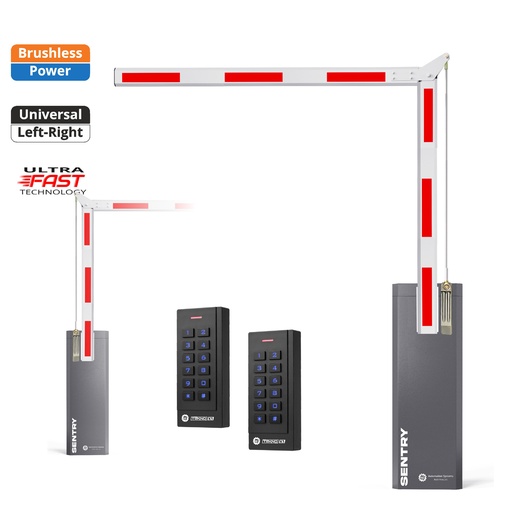 [SENTRY-A90-P-SE+SE] SENTRY BRUSHLESS Electric Automatic Folding 90 Degree Boom Barrier Gate High Duty Cycle for parking garage offices low clearance with TWO Keypads Entry Exit