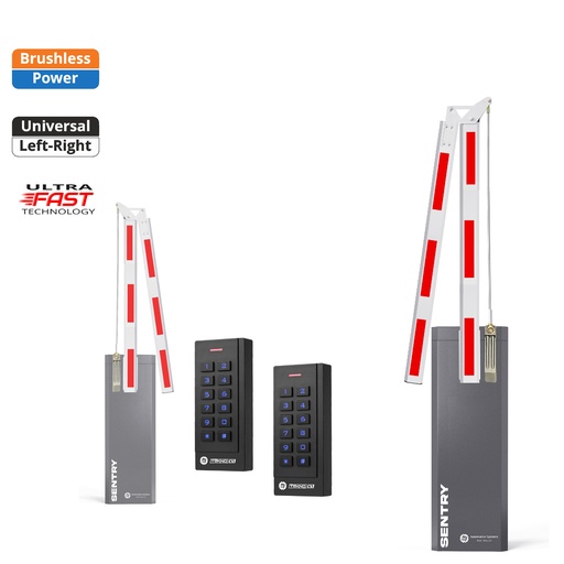 [SENTRY-A180-P-SE+SE] SENTRY BRUSHLESS Electric Folding 180 Degree Boom Barrier Gate High Duty Cycle parking underground garage offices low clearance with TWO Keypads Entry Exit
