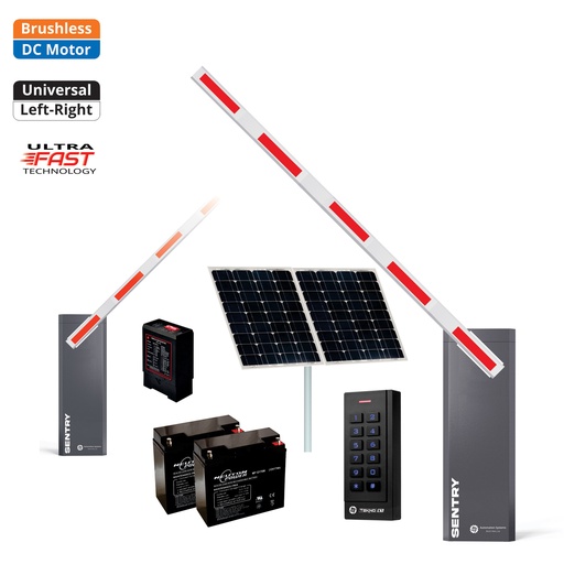 [SENTRY-SA-SOLAR-SE+FE] SENTRY Solar Powered BRUSHLESS Low Voltage Automatic Boom Barrier Gate High Duty Cycle Parking Depot Yards Caravan Park offices with Keypad Loop Detector