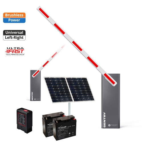 [SENTRY-SA-SOLAR-FE] SENTRY Solar BRUSHLESS Low Voltage Automatic Boom Barrier Gate High Duty Cycle Suitable for Parking Depot Yards Caravan Park offices with Loop Detector
