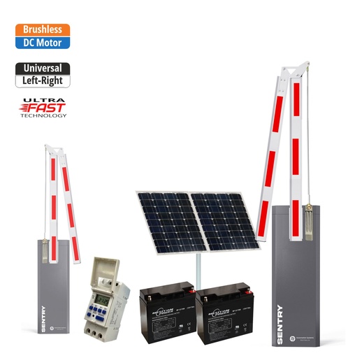 [SENTRY-A180-SOLAR-WT] SENTRY Solar Powered BRUSHLESS Low Voltage Automatic Folding 180 Degree Boom Barrier Gate underground garage offices low clearance with Weekly Timer