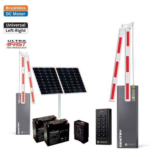 [SENTRY-A180-SOLAR-SE+FE] SENTRY Solar Powered BRUSHLESS Low Voltage Folding 180 Boom Barrier Gate parking underground garage offices low clearance with Keypad Loop Detector