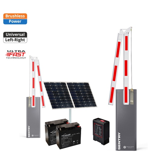 [SENTRY-A180-SOLAR-FE] SENTRY Solar Powered Low Voltage Automatic Folding 180 Degree Boom Barrier Gate parking underground garage offices low clearance with Loop Detector
