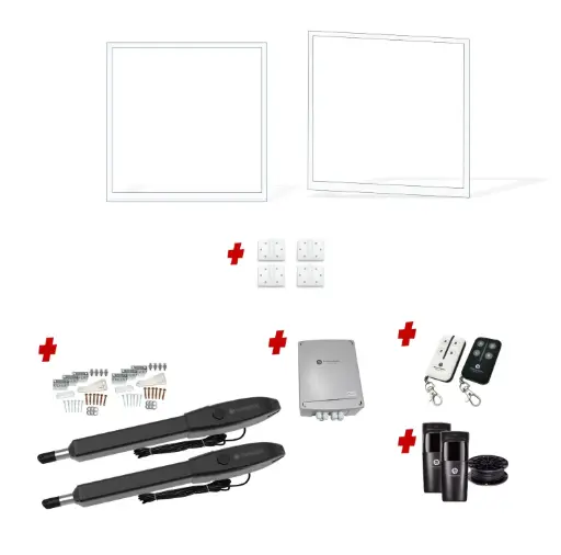 [FRAME18-1485WH-EXTCLAD x2+HINGES+Orion-LS] 3000mm Double Swing Driveway Gates Opening (1800mm H) 3.0mx1.8m Cladding Gate Frames (External Cladding) (Pearl Gloss White Powder Coat) with Double Swing automatic gate motor
