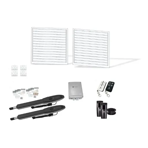 [FRAME12-1785WH-ALUCLAD x2+HINGES+Orion-LS] 3600mm Double Swing Driveway Gates Opening (1200mm H) 3.6×1.2m Horizontal Slat Gate + Hinges (Pearl Gloss White Powder Coat) with Double Swing automatic gate motor