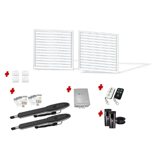 [FRAME12-1785WH-ALUCLAD x2+HINGES+Orion-LS] 3600mm Double Swing Driveway Gates Opening (1200mm H) 3.6×1.2m Horizontal Slat Gate + Hinges (Pearl Gloss White Powder Coat) with Double Swing automatic gate motor