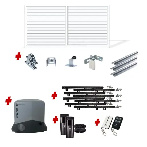 [FRAME12-3570WH-ALUCLAD x1+SLIDEHW+Titan2410] Up to 3200mm / 3.2m Opening (1200mm H) 3.6×1.2m Horizontal Slat Sliding Driveway Gate Package (Pearl Gloss White Powder Coat) with extra heavy duty 24v sliding gate motor