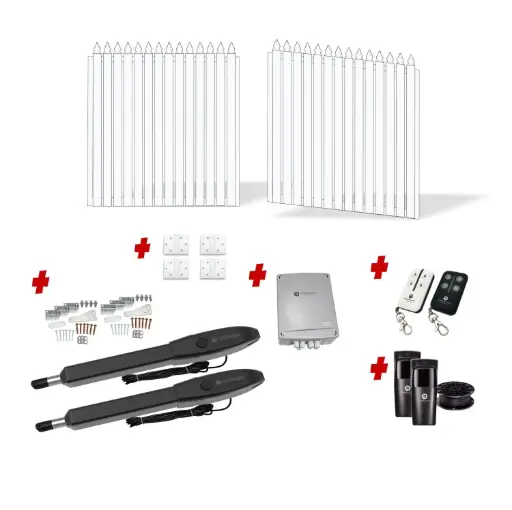 [FRAME18-1785WH-PICKET x2+HINGES+Orion-LS] 3600mm Double Swing Driveway Gates Opening (1900mm H) 3.6×1.9m Aluminum Picket Gate + Hinges (Pearl Gloss White Powder Coat) with Double Swing automatic gate motor