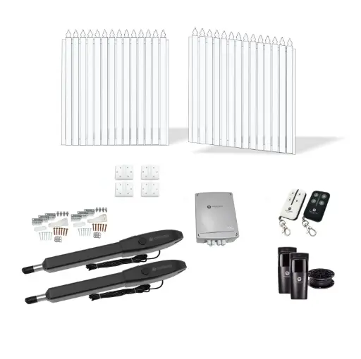 [FRAME12-2085WH-PICKET x2+HINGES+Orion-LS] 4200mm Double Swing Driveway Gates Opening (1300mm H) 4.2×1.3m Aluminum Picket Gate + Hinges (Pearl Gloss White Powder Coat) with Double Swing automatic gate motor